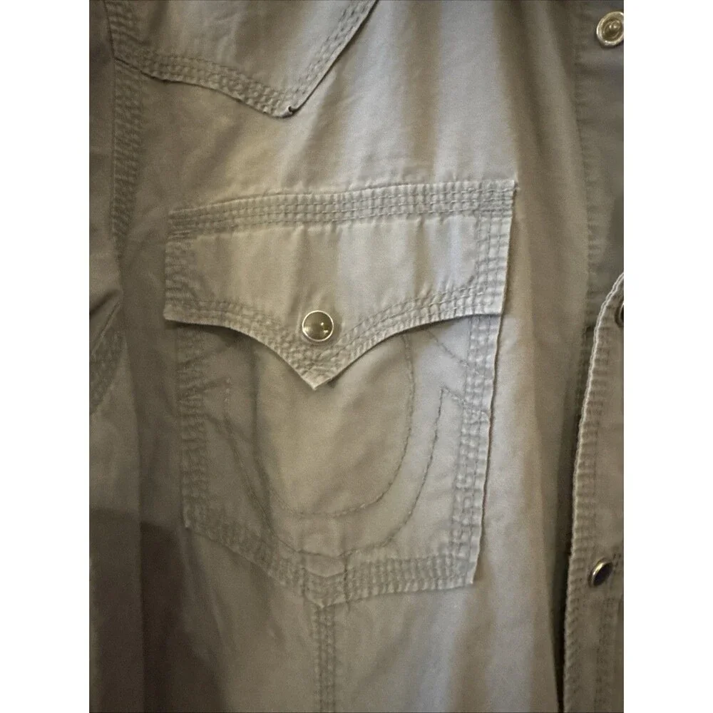 True Religion Solid Gray Pearl Snap Western Long Sleeve Shirt Pockets Men's Lg